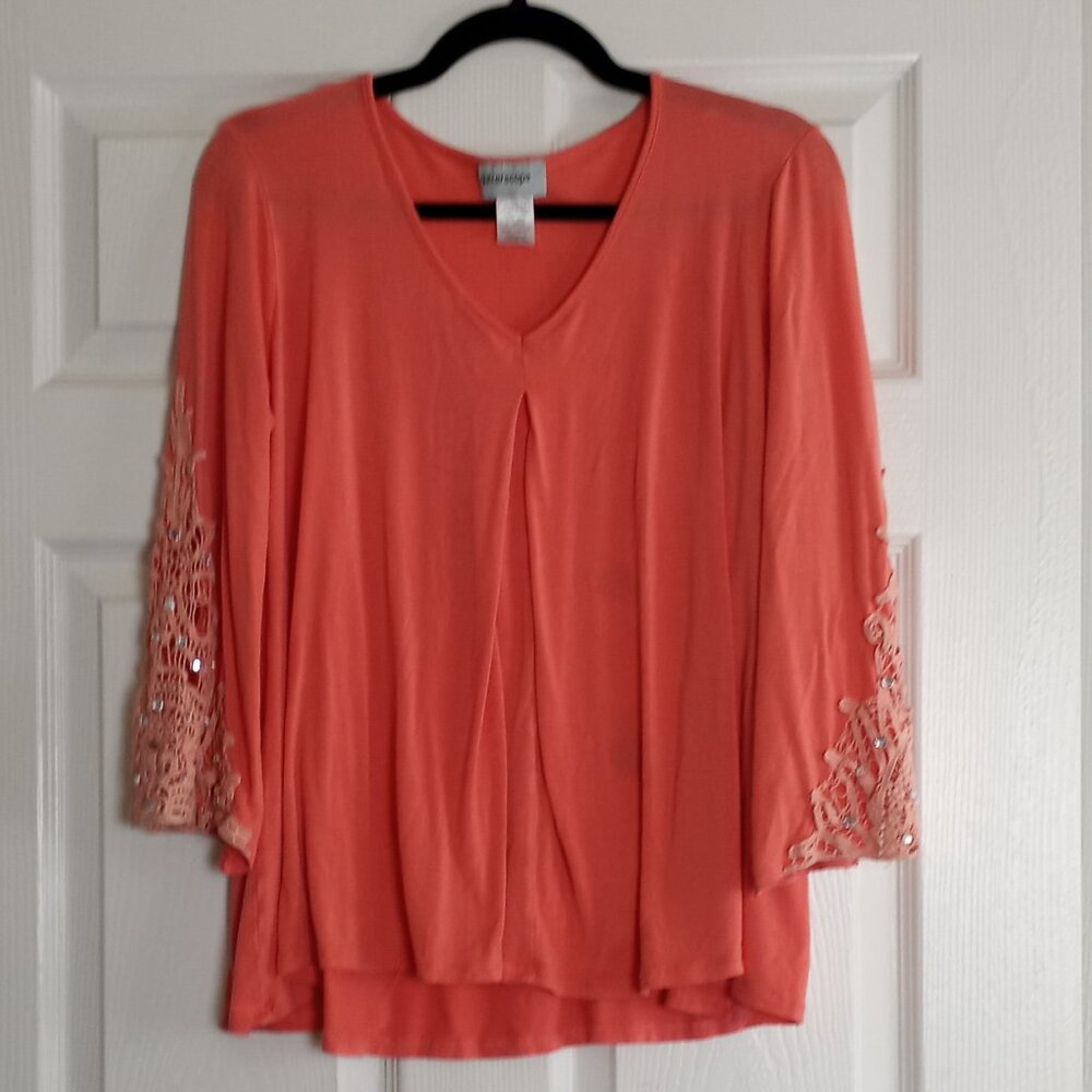 Glitterscape Coral Rayon Fairy Rhinestone Bell Sleeve V-Neck Blouse